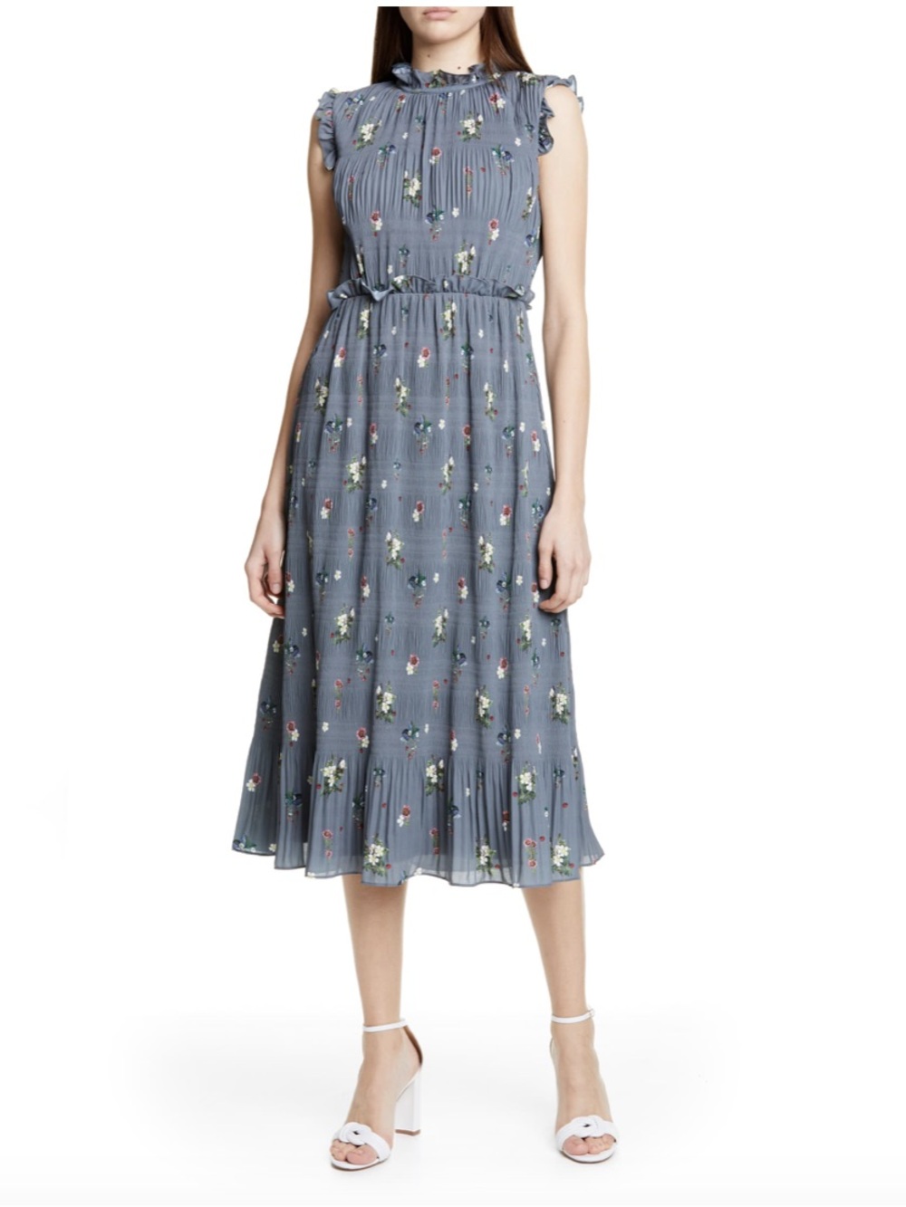 Ted Baker Floral London Toppaz Oracle Plissé Dress mock neck ruffle midi size 1